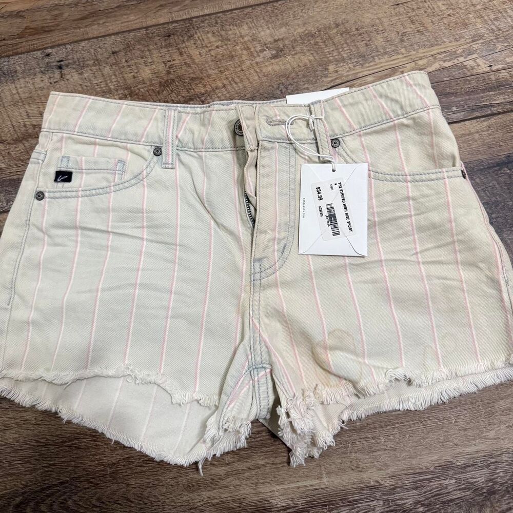KANCAN Pinstriple Pink Blue Women's Medium Mid Rise Jean Denim Shorts NWT